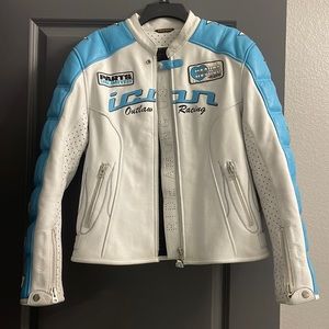 Icon Motorcycle Kitty Jacket Womens Small Leather White Blue Full ZIp Racing
